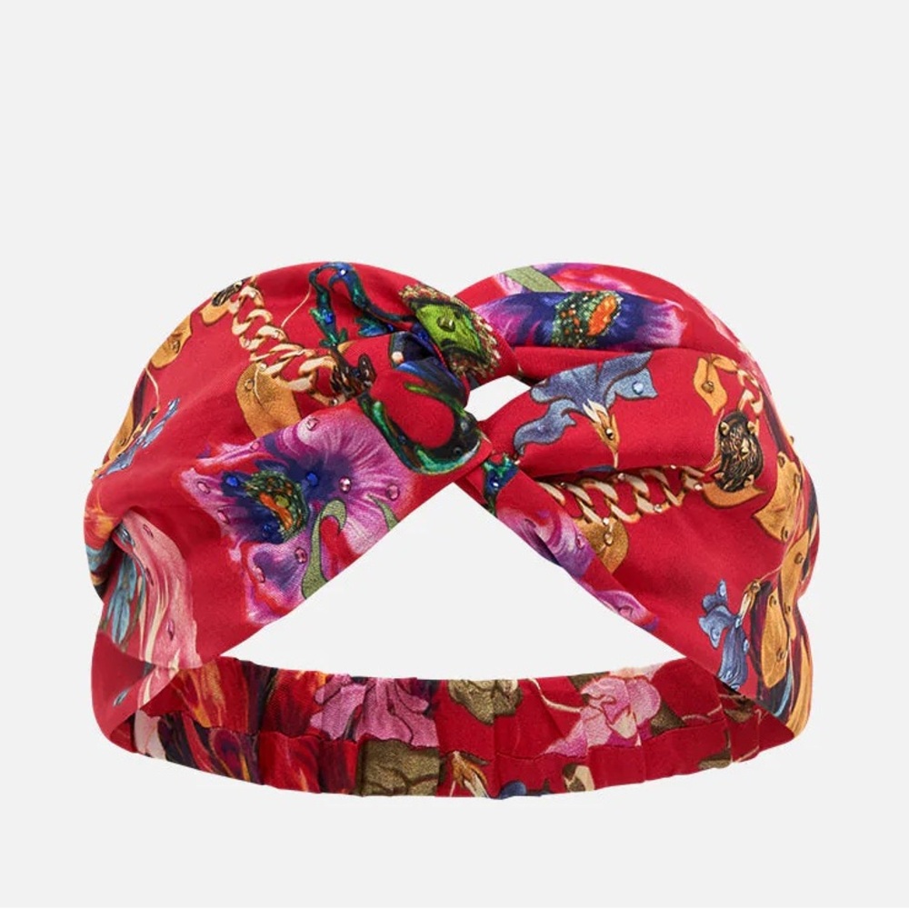 CAMILLA “Ruffle Some Feathers” red silk boho hippie woven twist headband